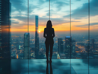 Fototapeta premium Captivating Stock Photo of a Businesswoman's Silhouette Overlooking a Panoramic Cityscape at Sunset from a High-Rise Office Building, Highlighting City Lights Reflecting on Glass and Golden Hour Illum