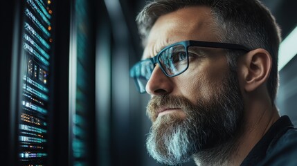A contemplative man with glasses examines data displays in a server room, conveying a deep sense of analysis and engagement with modern technology.