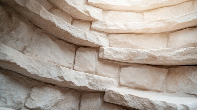 An illuminated stone spiral staircase capturing warm light and rustic texture, inviting viewers into a serene and elegant space filled with architectural beauty.
