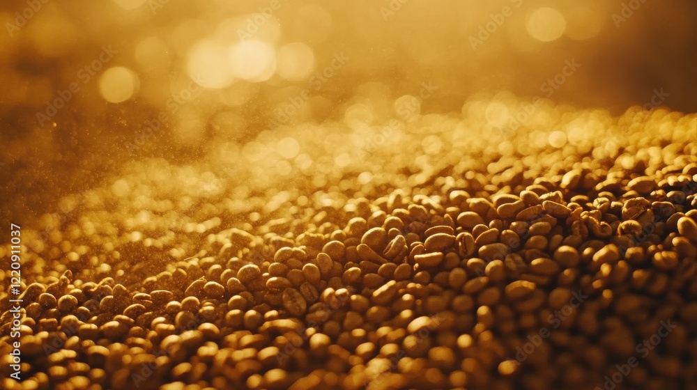 Poster close-up of golden grains shimmering in sunlight, showcasing texture and depth in a serene setting
