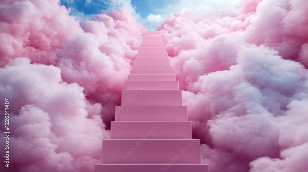 Poster an ethereal pink stairway leads into fluffy clouds, creating an enchanting atmosphere filled with im