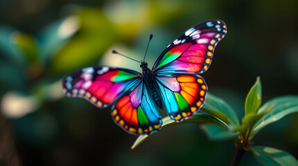 Fototapeta premium A Bright Butterfly in Nature, Colorful Wings in the Wild, Butterfly on a Leaf.