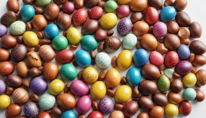 Circular pattern of multi colored chocolates arranged on a white surface with individually wrapped easter eggs made of milk chocolate or dark chocolate, candy, choclates, dessert