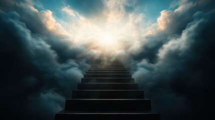 A visually striking image of a staircase leading into a radiant light, surrounded by clouds, symbolizing hope, enlightenment, and the journey to a better place.