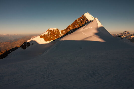 Sunrise on Lyskamm ridge and Lys glacier from Colle del Lys, Gressoney, Aosta Valley, Italy.