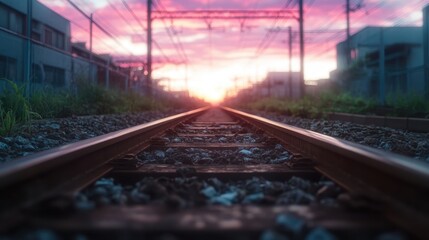 Obraz premium An urban sunset casting vibrant colors over train tracks, framed by buildings and greenery, evoking a sense of city life and evening exploration.