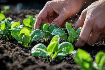 Hands plant seedlings in rich soil as sunlight glistens on water droplets
