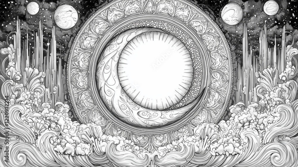 Poster coloring page of celestial design with sun and moon in intricate patterns