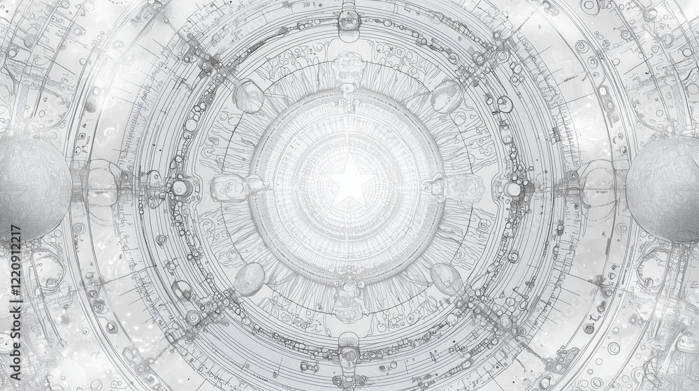 Poster coloring page of abstract circular pattern with light and geometric shapes