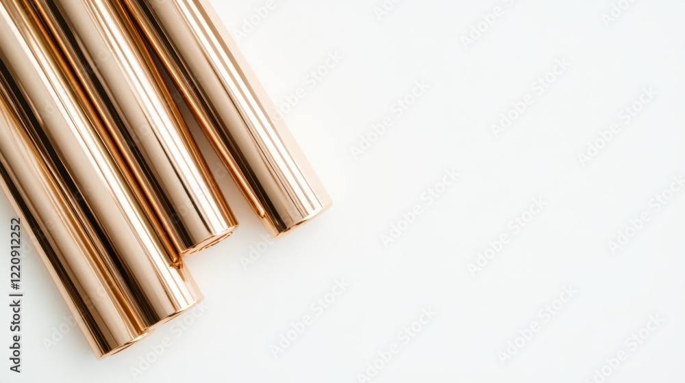 Poster this image features three golden cylinders arranged in a close group on a light surface, bringing an