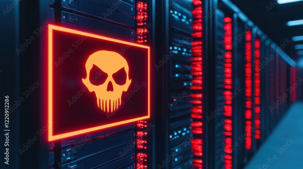 Poster a data center with illuminated servers displaying a skull icon, symbolizing cybersecurity threats or