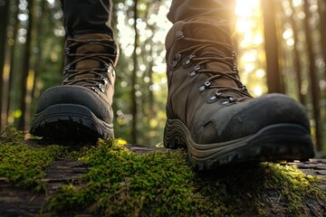 Close-up of hiking boots stepping onto moss-covered log in a dense forest with sunlight filtering through the trees