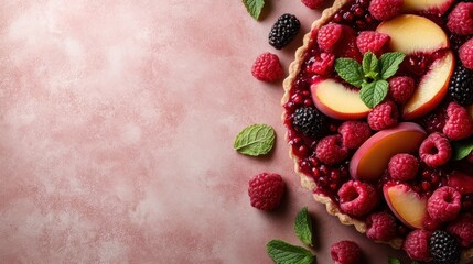 A stunning berry tart adorned with plums and mint leaves, set on a pink background, showcasing vibrant colors and a sense of delicious elegance.