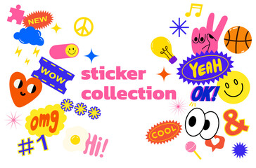 Collection of trendy retro sticker cartoon shapes. Funny comic character art and quote patch bundle. Modern slang word, catchphrase sign, text slogan.
