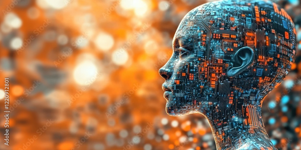 Poster futuristic digital human profile with intricate circuit patterns and glowing elements