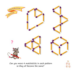 Logic puzzle game with matches for smartest. Can you move 4 matchsticks in each pattern so they all become the same? Page for brain teaser book. Developing spatial thinking. Vector illustration.