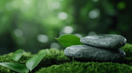 A serene arrangement of gray stones surrounded by vibrant green leaves, evoking feelings of tranquility and connection with nature's beauty and simplicity.