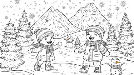 Fototapeta premium Coloring page of Children Playing in Snowy Winter Landscape with Snowman