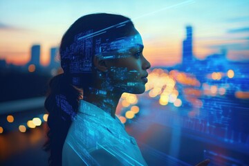A woman's silhouette blends with digital data streams against a city backdrop at sunset, symbolizing technological integration.