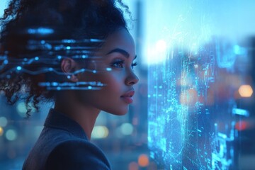 A woman gazes at a futuristic digital interface, showcasing data streams and network visualizations.