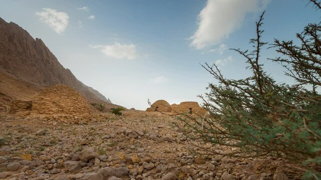 Time Lapse of beehive tombs  at Jabel Hafeet mountain, Al Ain, Abu  Dhabi, UAE