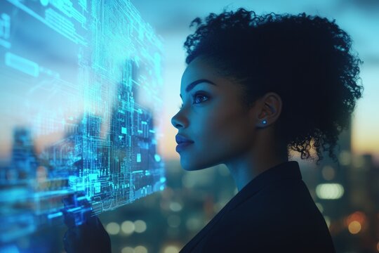 A woman examines a futuristic, translucent interface displaying complex digital data against a cityscape backdrop.