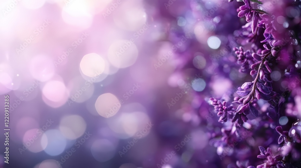 Poster this dreamy abstract background features beautiful violet flowers, enhanced by soft bokeh lights, cr