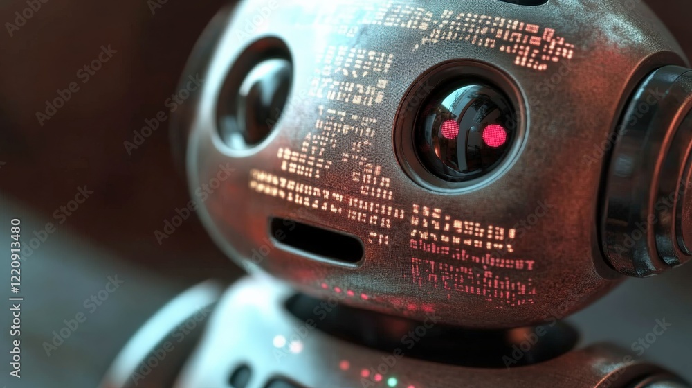 Poster close-up of a futuristic robot with glowing eyes and digital patterns