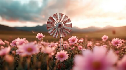 A beautiful representation of a rustic windmill surrounded by flourishing flower fields, capturing the essence of rural charm and the connection between nature and technology.