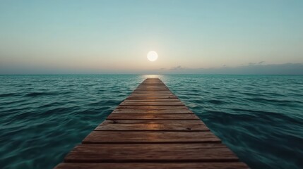 Obraz premium An idyllic wooden pier stretching towards the horizon as the sun rises, creating a stunning display of colors that symbolizes new beginnings and hope.