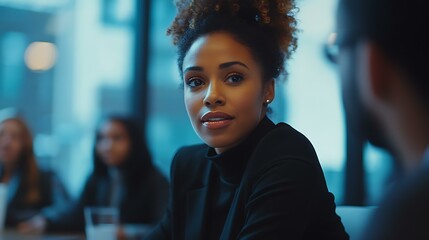 A Black businesswoman leading a dynamic brainstorming session in a modern office, surrounded by her focused team