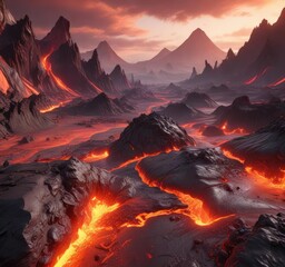 Naklejka premium Ancient volcanic landscape with molten lava flows and red voids, ancient rock, natural wonders