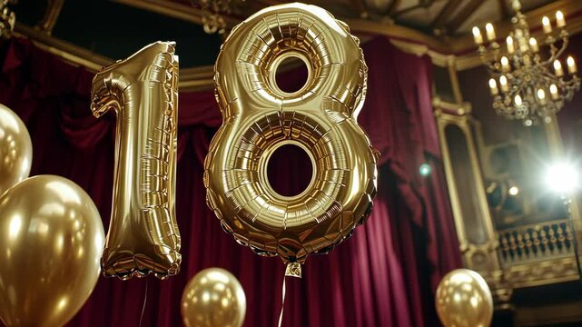Elegant celebration marking the transition to adulthood with golden balloons and a large golden number 18