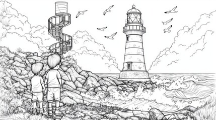 Coloring page of Lighthouse Scene with Children and Waves in Black and White