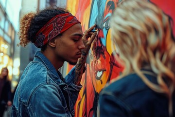 A young man with curly hair paints a vibrant mural, showcasing his artistic talent and passion.