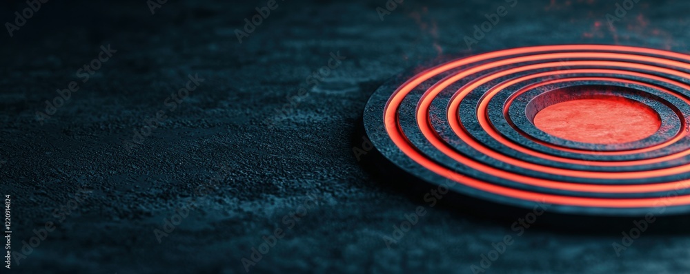 Poster a close-up of concentric circles with a glowing center, set against a textured dark background, crea