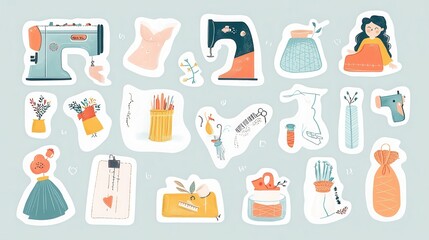 Cute Sewing Stickers Collection Featuring Various Tools and Apparel