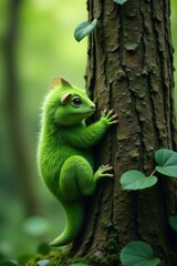 Fuzzy green creature curled around the stem of a tall tree with leaves, wild, tree