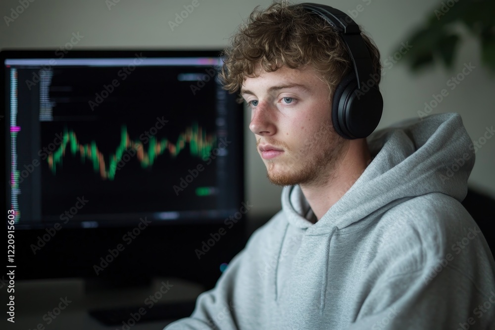 Poster young man focused on trading activities at home during evening hours using computer with financial c