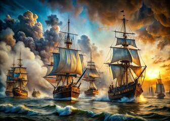 Obraz premium Dramatic Naval Battle: Historic Sailing Ships Clashing in Turbulent Seas
