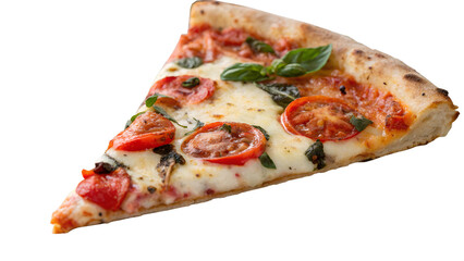 Pizza slice, margherita, fresh mozzarella, cherry tomatoes, basil leaves, crispy crust, melted cheese, rustic, Italian cuisine, appetizing, food photography, high-resolution