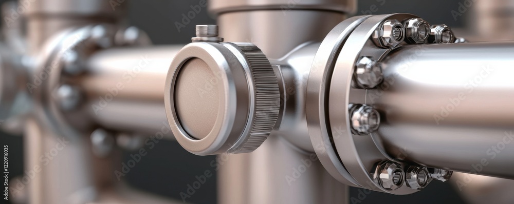 Poster a close-up view of a metallic pipe connection featuring a circular valve and bolt fasteners, showcas