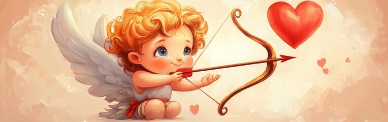 Fototapeta premium A cute cartoon Cupid with a bow and arrow. Ideal for Valentine's Day, love, and romance-themed designs.