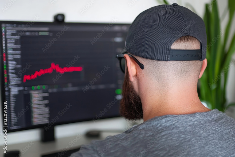Poster man analyzes financial data on computer screen in modern workspace with indoor plants during dayligh