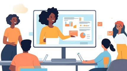 A Black woman presenting a marketing strategy on a digital monitor, surrounded by an engaged team
