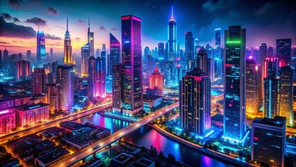 Obraz premium Dreamlike Neon Cityscape: Futuristic Urban Wallpaper, Ultra HD
