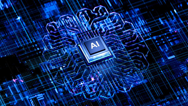 AI chip on a circuit board. Symbolizes technological advancement and artificial intelligence integration. 3d rendering, conceptual image.