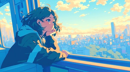Obraz premium Retro anime skyline, girl gazing from Ferris wheel, soft pastel gradients, clean geometric lines, pop art inspiration, cool digital color palette.