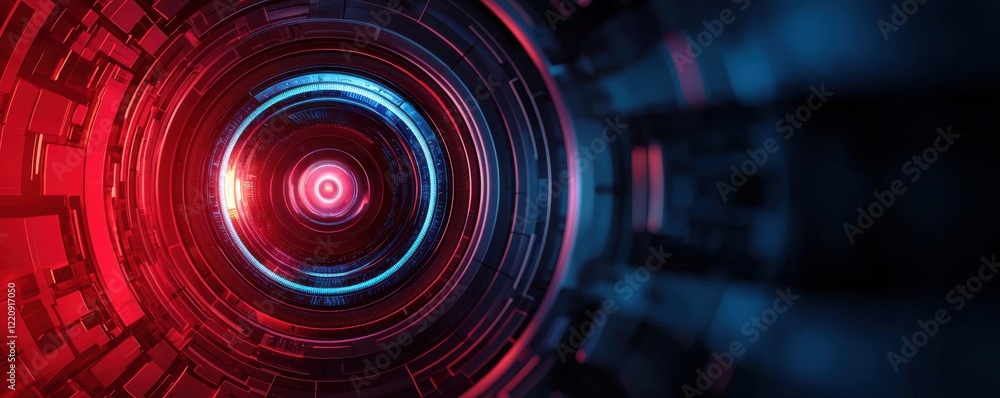 Poster a futuristic tunnel with vibrant red and blue lights, creating a dynamic and immersive visual experi