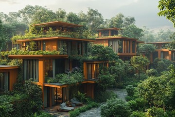 Obraz premium Modern eco-friendly homes nestled in a lush forest at sunrise